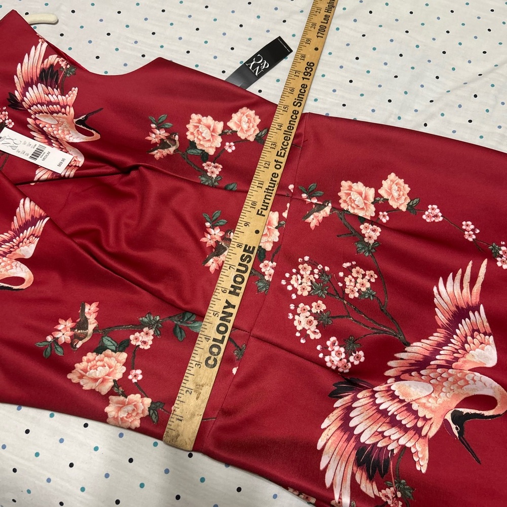 NWT New York & Company Asian Style Burgundy Bird and Floral Midi Dress - Picture 3 of 6